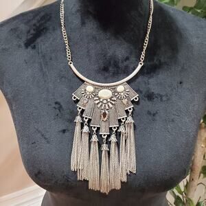 Women's Silver Turkish Statement Long Tassel and Pendant Necklace
